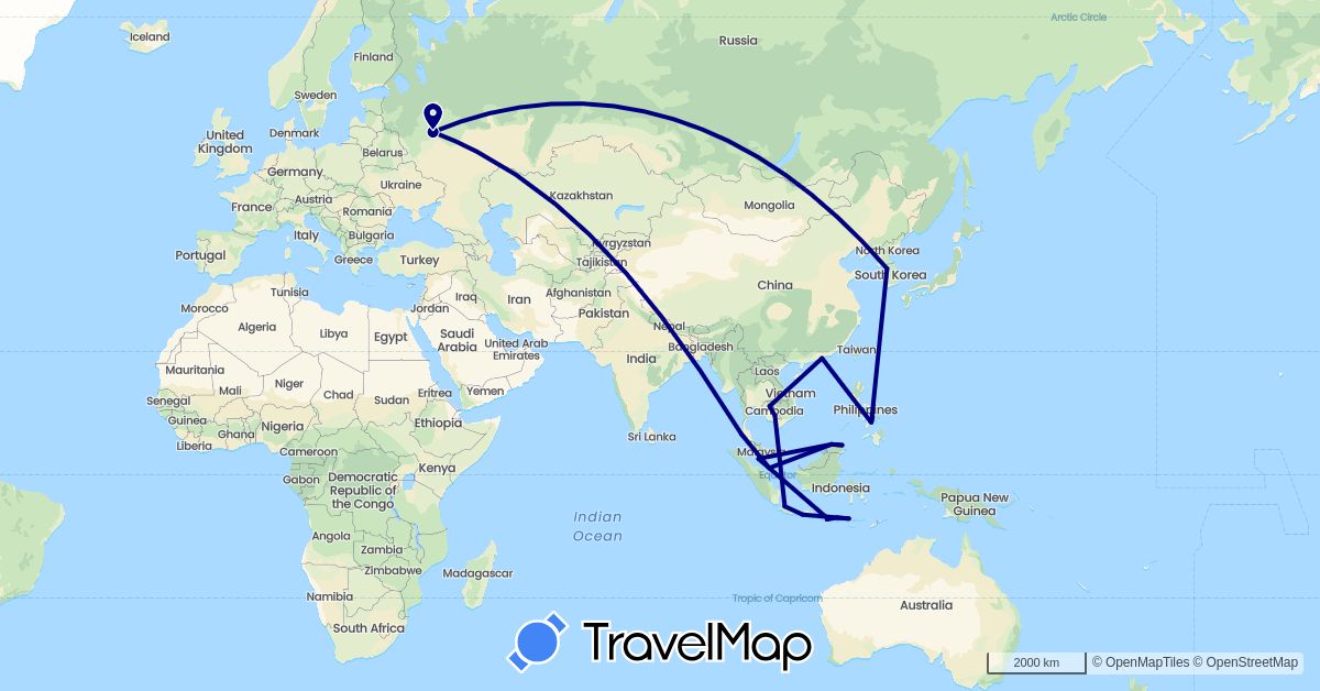 TravelMap itinerary: driving, plane in China, Indonesia, Cambodia, South Korea, Malaysia, Philippines, Russia, Singapore, Thailand (Asia, Europe)